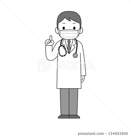 一幅單色插圖，描繪了一位身穿白大褂、戴著口罩的男性醫務人員，他伸出一根手指，似乎在解釋或建議著什麼。 134983800