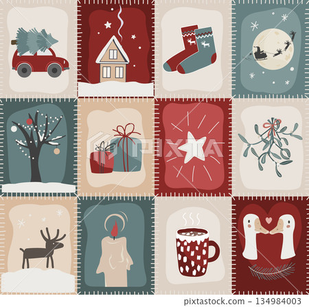 Christmas Patchwork Quilt Seamless Doodle Pattern. Rustic Winter Patch Duvet Design. Vector background 134984003
