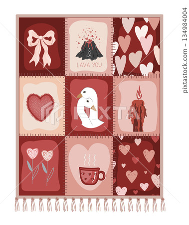 Valentine's Day Patchwork Blanket. Rustic Romantic Patch Duvet Design. Vector illustration. Geometric Checkered Plaid with Valentine's Day Elements Valentine's Day Patchwork Blanket. Rustic Romantic Patch Duvet Design. Vector illustration. Geometric Checkered Plaid with Valentine's Day Elements 134984004