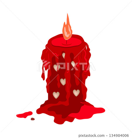 A red burning candle with melting wax. Valentine's Day, love, romance design element. Vector isolated illustration. A red burning candle with melting wax. Valentine's Day, love, romance design element. Vector isolated illustration. 134984006
