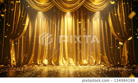 一場充滿勝利和喜悅的獨奏會，在閃閃發光的金色五彩紙屑和金色天鵝絨窗簾的舞台上 134984199
