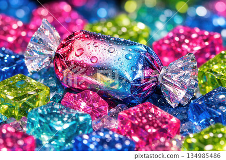 Colorful Wrapped Candies With Water Droplets On Sparkling Blue And Pink Surface 134985486