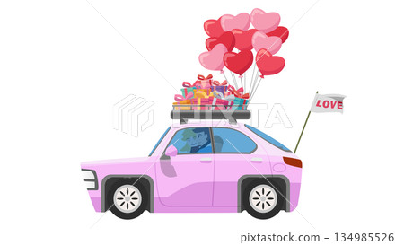 Romantic couple driving pink car with roof rack full of gifts heart balloons and love flag isolated on white background. Valentine's Day road trip concept vector illustration. 134985526