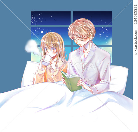 Man reading a book in bed and woman drinking a drink in pajamas, window 134985531
