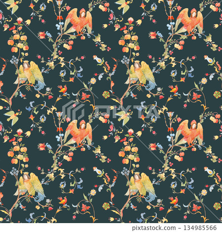 Seamless ornamental wallpaper inspired by Slavic mythology featuring the Alkonost mythical bird from Russian folklore. Decorative floral pattern with fairytale birds, berries, and vines in a vintage 134985566