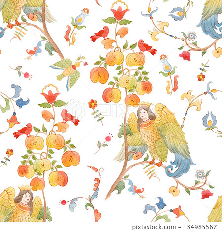 Whimsical Slavic mythology seamless pattern featuring the Alkonost, a legendary bird with a human face from Russian folklore. Vintage fairytale illustration with ornate branches and floral motifs 134985567