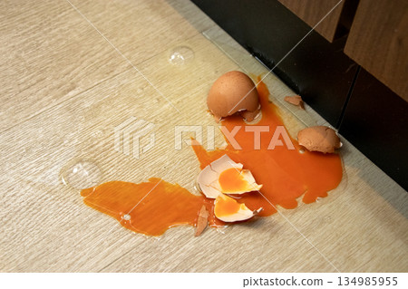 A raw egg that was dropped on the floor and cracked A raw egg that was dropped on the floor and cracked 134985955
