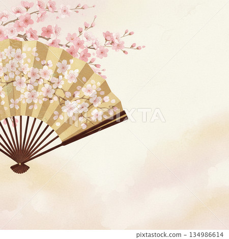 Cherry Blossom Series: A gorgeous modern Japanese illustration featuring a golden fan and cherry blossom branches 134986614