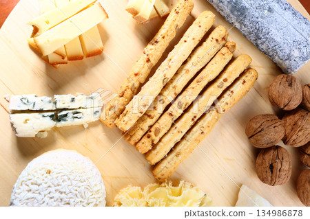 swiss and french wooden board variety cheese ready to eat 134986878