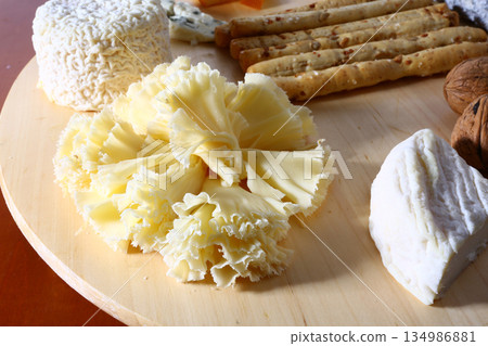 swiss and french wooden board variety cheese ready to eat 134986881