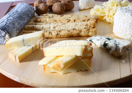 swiss and french wooden board variety cheese ready to eat 134986884