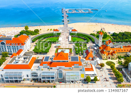 Sunny landscape of the resort town of Sopot and Molo - pier on the Baltic Sea. Poland 134987167