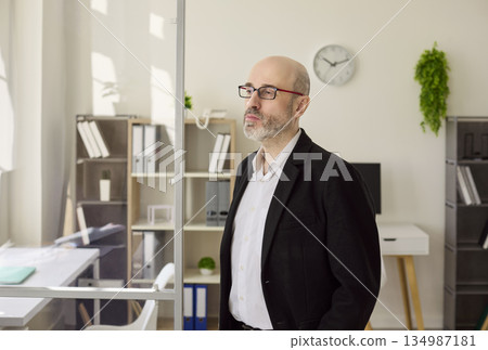 Thoughtful mature businessman in glasses standing in bright modern office 134987181
