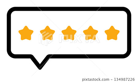 Five yellow stars inside speech bubble for ratings and reviews 134987226