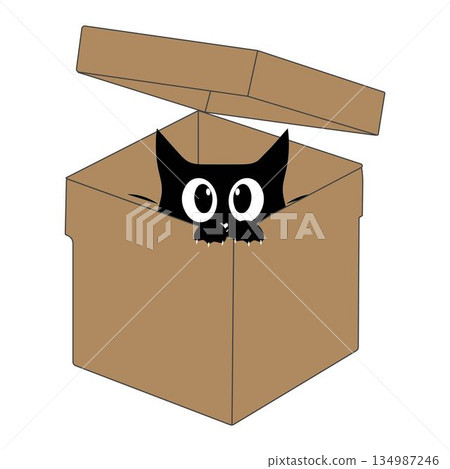 Cute black cat cartoon inside a cardboard box illustration. Adorable cat character peeking playing and resting in an open box. Cute black cat cartoon inside a cardboard box illustration. Adorable cat character peeking playing and resting in an open box. 134987246