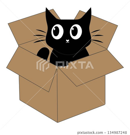 Cute black cat cartoon inside a cardboard box illustration. Adorable cat character peeking playing and resting in an open box. 134987248