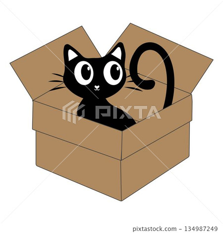 Cute black cat cartoon inside a cardboard box illustration. Adorable cat character peeking playing and resting in an open box. Cute black cat cartoon inside a cardboard box illustration. Adorable cat character peeking playing and resting in an open box. 134987249