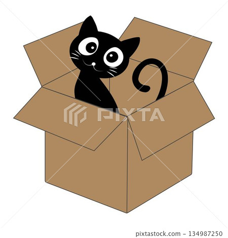 Cute black cat cartoon inside a cardboard box illustration. Adorable cat character peeking playing and resting in an open box. Cute black cat cartoon inside a cardboard box illustration. Adorable cat character peeking playing and resting in an open box. 134987250