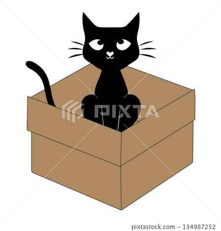 Cute black cat cartoon inside a cardboard box illustration. Adorable cat character peeking playing and resting in an open box. Cute black cat cartoon inside a cardboard box illustration. Adorable cat character peeking playing and resting in an open box. 134987252