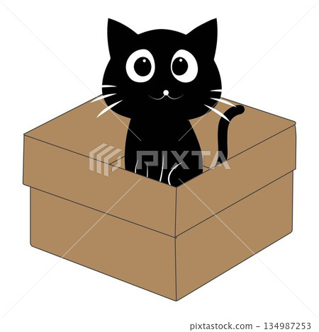 Cute black cat cartoon inside a cardboard box illustration. Adorable cat character peeking playing and resting in an open box. Cute black cat cartoon inside a cardboard box illustration. Adorable cat character peeking playing and resting in an open box. 134987253