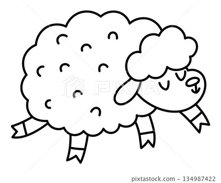 Vector sheep line icon. Cute smiling farm animal isolated on white background. Adorable ewe black and white illustration or coloring page for kids. Funny spring or Easter village character 134987422