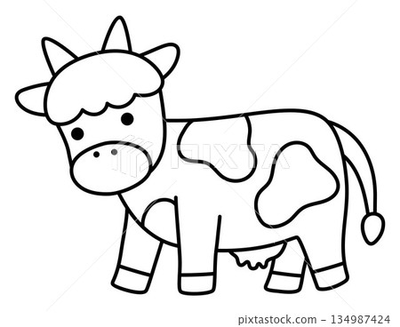 Vector cow line icon. Cute farm animal isolated on white background. Adorable black and white illustration or coloring page for kids. Funny spring or Easter village character Vector cow line icon. Cute farm animal isolated on white background. Adorable black and white illustration or coloring page for kids. Funny spring or Easter village character 134987424