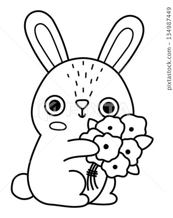 Vector Easter bunny with bouquet of flowers. Funny rabbit line icon. Spring or farm animal black and white illustration for kids. Funny hare clipart, coloring page isolated on white background 134987449