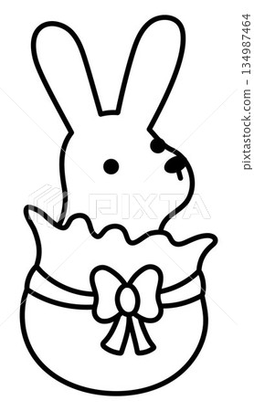 Vector Easter chocolate bunny in egg shaped packaging with bow. Funny rabbit line icon. Cute spring or farm animal black and white illustration for kids. Funny hare clipart or coloring page 134987464