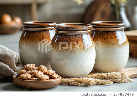 Porcelain aesthetic. Ceramic containers with lid for storing groceries in a rustic style on a white background. Porcelain aesthetic. Ceramic containers with lid for storing groceries in a rustic style on a white background. 134987479