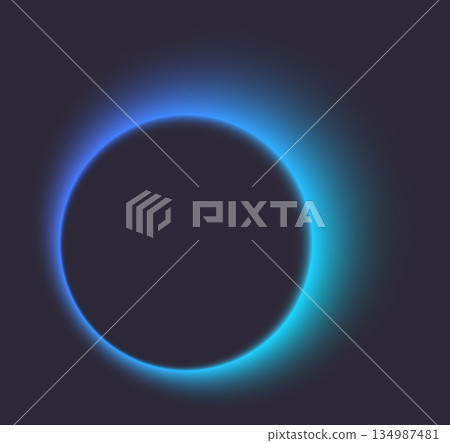 Vibrant neon eclipse circle with blue halo effect 134987481