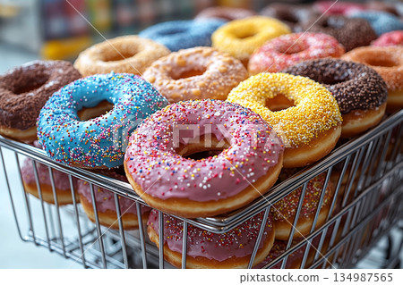 Shopping cart full of goodies. Gastronomy marketing. Variety of bright donuts on a display stand. Glazed donuts. Sweet topping food. Shopping cart full of goodies. Gastronomy marketing. Variety of bright donuts on a display stand. Glazed donuts. Sweet topping food. 134987565