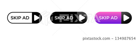 Three colorful skip ad buttons featuring arrows in modern design for digital media interfaces 134987654