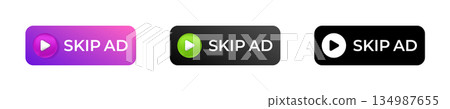 Three colorful skip ad buttons brighten digital user interface for enhanced experience 134987655