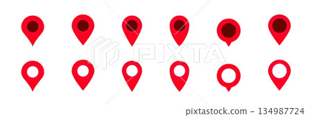 Various red location pins in different styles for map or gps navigation symbol illustration Various red location pins in different styles for map or gps navigation symbol illustration 134987724