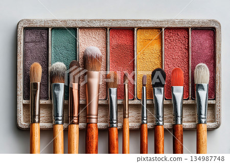 Professional cosmetics. Flat lay of makeup brush placed next to a color palette on white background. 134987748