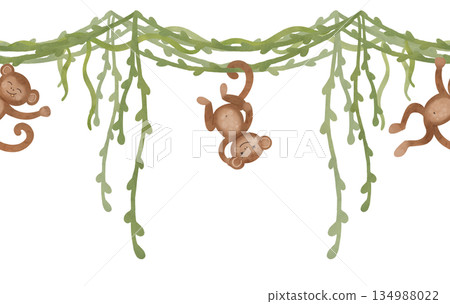 Seamless border of tropical lianas, greenery and monkeys. Cartoon illustration in a flat style. Watercolor, pastel, gouache. For design of children's products, prints, packaging, wallpapers Seamless border of tropical lianas, greenery and monkeys. Cartoon illustration in a flat style. Watercolor, pastel, gouache. For design of children's products, prints, packaging, wallpapers 134988022