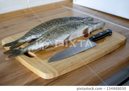 Two raw pikes on a wooden cutting board next to a knife. Two raw pikes on a wooden cutting board next to a knife. 134988030