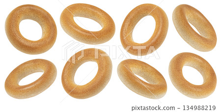 Crispy round bagel drying snacks isolated on white background, full depth of field, collection 134988219