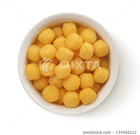 Crispy corn cheese balls isolated on white background, full depth of field, top view Crispy corn cheese balls isolated on white background, full depth of field, top view 134988222