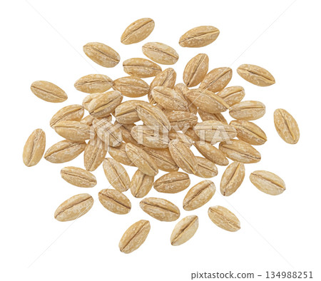 Pile of dry peeled barley grains isolated on white background, full depth of field, top view Pile of dry peeled barley grains isolated on white background, full depth of field, top view 134988251