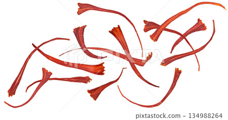 Falling saffron threads isolated on white background, full depth of field 134988264