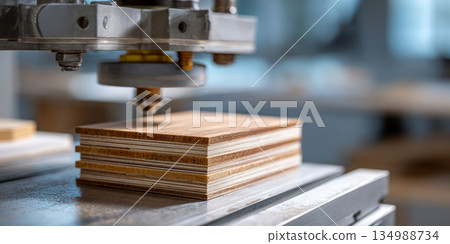 Close-up of woodworking machine processing stacked plywood sheets in a modern workshop environment with blurred background 134988734