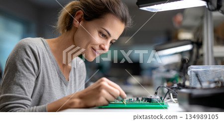Young woman assembling electronic circuit board in modern workshop with focused expression and detailed components 134989105