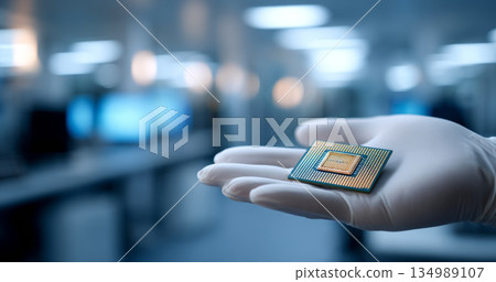Close-up of gloved hand holding a computer microchip in a modern laboratory with blurred background and cool lighting 134989107