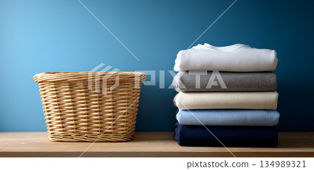 Stack of neatly folded clothes next to empty wicker laundry basket on wooden surface against blue wall background 134989321