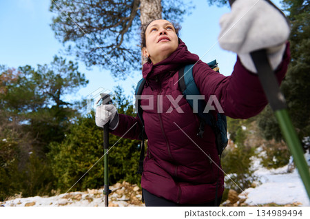 Woman Hiking With Trekking Poles In Snowy Forest On A Winter Outdoor Adventure 134989494
