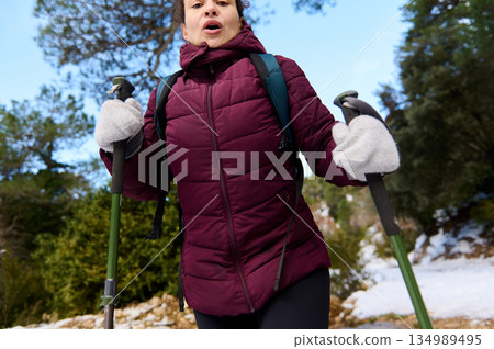 Woman Hiking in Winter Snow Outdoors With Trekking Poles and Warm Jacket 134989495