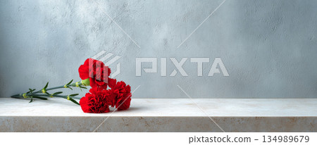 Three vibrant red carnations lying on a light marble surface against a textured pale blue-gray wall background 134989679