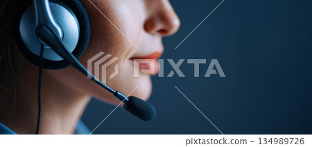 A woman wearing a headset with the microphone close to her mouth, on top of a blue background 134989726
