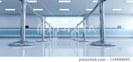 Empty modern airport or bank queue area with shiny metal stanchions and retractable belts in bright clean environment Empty modern airport or bank queue area with shiny metal stanchions and retractable belts in bright clean environment 134990095